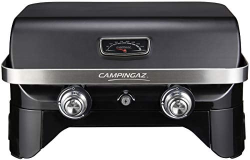Campingaz Attitude 2100 LX barbacoa de mesa portátil a gas, 5 kW de potencia, barbacoa de gas para camping con tapa, termómetro, parrilla de hierro fundido y plancha