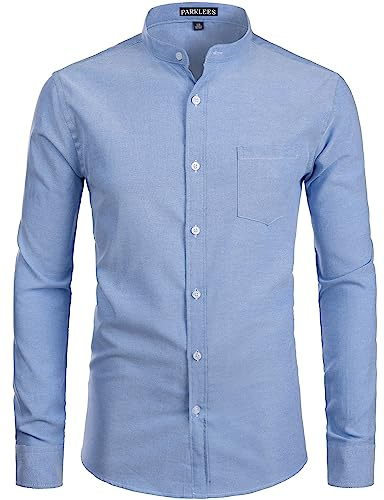PARKLEES Herren Slim Fit Einfarbig Langarm Stehkragen Oxford Hemd mit Brusttasche PZ112 Hellblau M