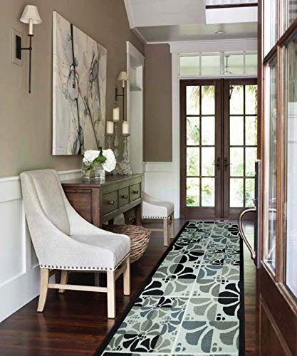 Bravich RugMasters Daisy Grey Rubber Backed Non Slip Machine Washable Very Long Hallway Hall Runner Narrow Rugs Custom Length Stair Mats 2'2x6'FT (66x183cm)