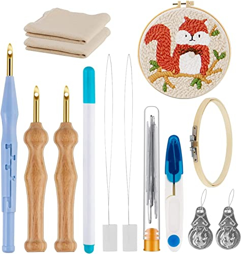 Stickerei Starter kit, Stickgarnituren Verstellbare Garnstanznadel Punch Needle, Stickstift aus Holzgriff, Stanznadeltuch, Nadelfädler, für Handwerk Stitching Applique-Verzierungen Anfänger
