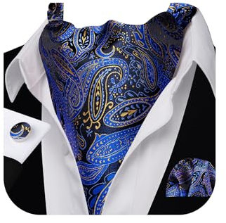 Barry.Wang Herren-Krawatte aus Seide, Paisleymuster, gewebt, Paisleymuster, modisches Ascot und Einstecktuch, Manschettenknöpfe, Set für Hochzeit, formelle Anlässe, Blaugold, Einheitsgröße