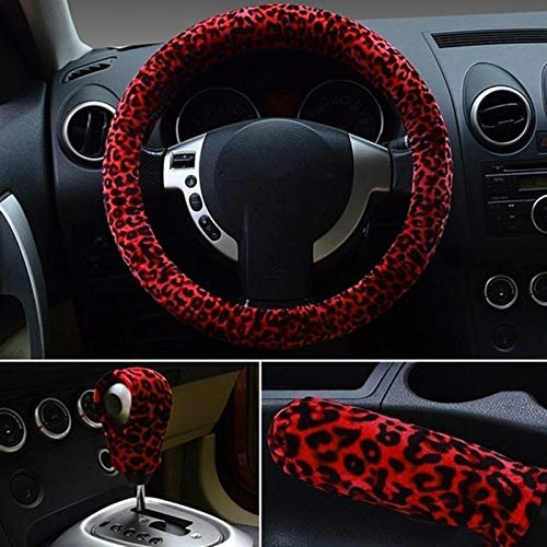ihreesy Lenkrad Abdeckung für Frauen,3er Set 38cm Plüsch Leoparden Auto Lenkradhülle Lenkradbezug Lenkradschoner mit Handbremsabdeckung/Schaltknaufabdeckung Universal Auto Dekor Zubehör,Rot