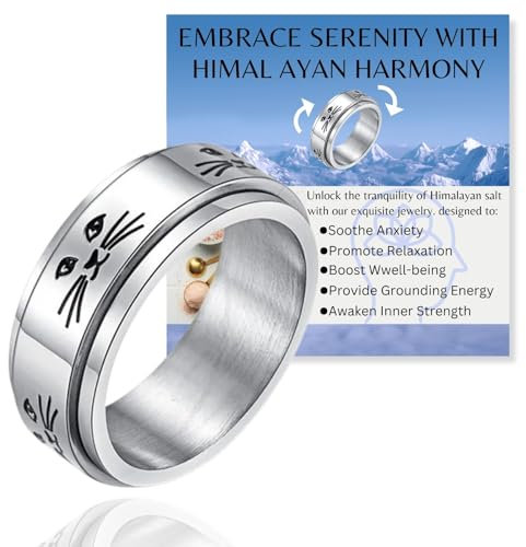 Halukakah Platinbeschichteter Angst-Drehring: Kawaii-Katzen-Stresslinderungsschmuck mit Perlen-Spinner, Himalaya-Salz Hinzugefügt, Größe 8, Geschenk für Frauen, Teenager, Mädchen, Tochter und Mutter