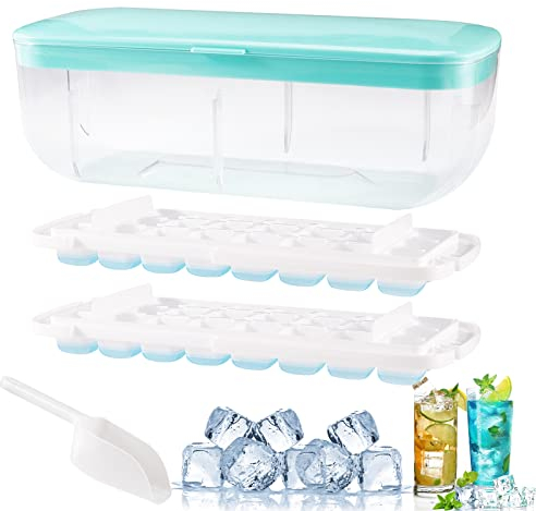 Eiswürfelbehälter mit Deckel, lebensmittelechte Silikon Eiswürfelform, alle Eiswürfel in einer Sekunde freigeben, wiederverwendbare 48 Ice Cube Tray (Blau)