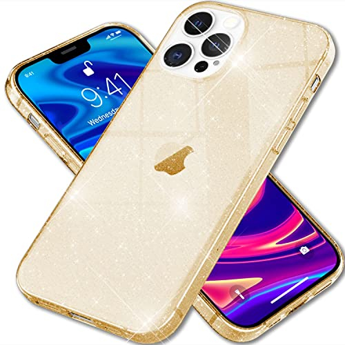 NALIA Klare Glitzerhülle kompatibel mit iPhone 13 Pro Hülle, Durchsichtig Vergilbungsfrei Eingearbeitete Diamant Glitzer Pailletten, Glitter Case Silikon Handyhülle Schutzhülle, Farbe:Gold