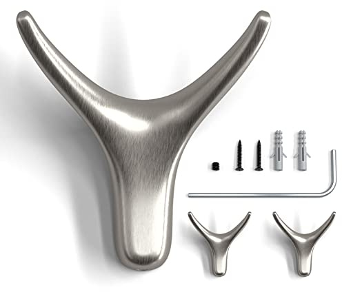 Kleiderhaken, 3 Packungen Metall Heavy Duty Horn Haken, einfach und modisch, geeignet für Garderobe, Wohnzimmer, Küche, Bad, zum Aufhängen von Kleidung, Küchenutensilien, Handtücher (grau gebürstet)