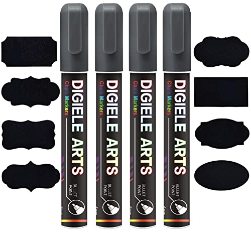 DIGIELE Kreidestift Silber, 4 Stücke Silber Kreidestifte 6mm + 16 Tafel Labels, Reversibel Dünne oder Mittlere Spitze, Trocken oder Feucht Abwischbare Flüssigkreide für Whiteboard/Tafel/Fenster/Glas