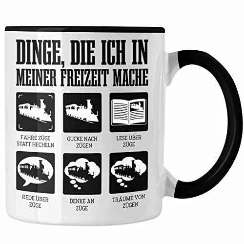 Trendation - Züge Tasse Ich Liebe Züge Geschenk Eisenbahner Modelleisenbahn Lustiger Spruch (Schwarz)