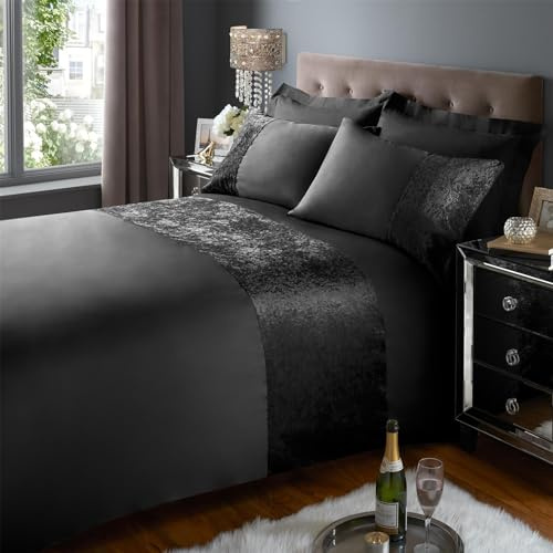 Soft Micro Polyester Bed Set with Crushed Velvet Band Durable Duvet Cover Set Shape-Retaining [Double, Black]