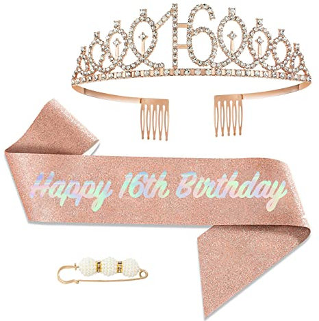 POPOYU 16 Geburtstag Krone und Schärpe,Krone 16. Geburtstag Mädchen,16.Geburtstag Tiara Roségold,krone 16.,16 Jahre Geburtstag Mädchen Kopfbedeckung für Geburtstagsgeschenk Partyzubehör