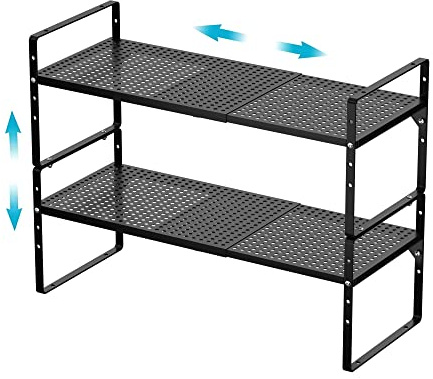 iPEGTOP Expandable Cabinet Storage Shelf Organizer Rack, Heavy Duty Steel Metal Spice Rack Adjustable Height Home Office Pantry Shelf Space for Counter Kitchen Organization, Black, 2 Pack