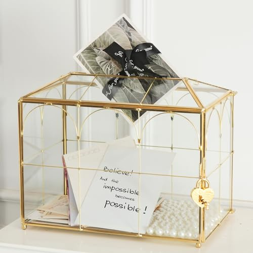 Giadun Glaskartenbox mit Schlitz, 25,9 cm große goldfarbene transparente Kartenbox für Hochzeitsempfänge, dekorative Aufbewahrungsbox mit Schloss für Babyparty, Geburtstagsfeier, Brautdusche