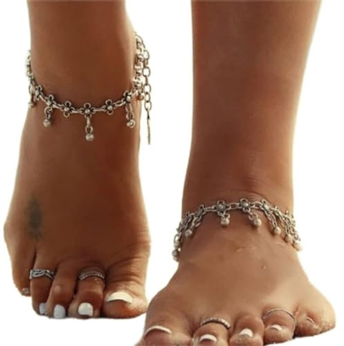 Carufin Türkis Fußkettchen Armbänder Multilayer Schmetterling Fußkettchen Blume Perle Perlen Fußkettchen Zubehör Sommer Strand Fuß Schmuck für Frauen Mädchen (Vier Blätter Gras Füße Kette)