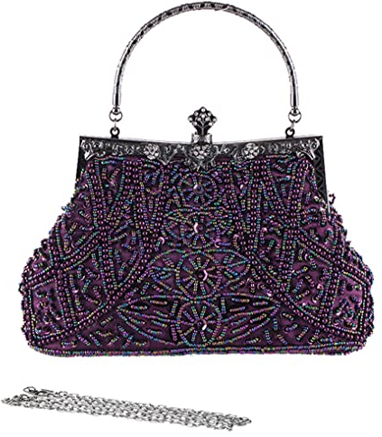 Egurs Handtasche 20er Jahre Stil Damen Vintage Perlen Abendtasche Clutch Handtasche Schultertasche Elegant Umhängetasche Hand-Tasche Geldbeutel für Hochzeit Braut Abschlussball Party Violett
