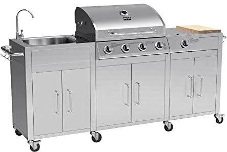 Boss Grill Texas Premium Outdoor Kitchen - 4 Burner Gas BBQ with Side Burner Stainless Steel