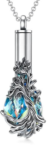 HARMONY BOLA Teardrop Tree Of Life Urn Necklace for Ashes for Women Sterling Silver Cremation Memorial Crystal Jewellry with Funnel Filler