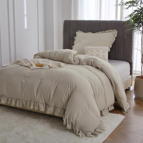 MR&HM Bettwäsche Rüschen 135x200 Weizenfarben 2-Teilig, Romantisches Vintage-Design, Weiches Gebürstetes Bettbezug mit Verborgenen Knöpfen, 1 Verstärkte Kissenbezug 80x80