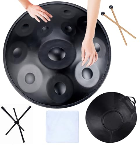 Handpan Drum Instrument, Handpan-Trommelinstrument D-Moll 9/10/12 TöNe 22 Zoll Stahl, 440Hz Handtrommel mit weicher Handpan-Tasche/2 Handpan-Hämmern/Handpan-Ständer/staubfreiem Tuch 12-Notes black