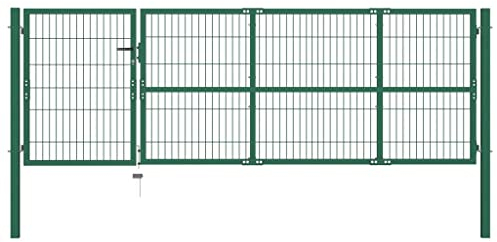 LAPOOH Gartentor mit Pfosten, Gartentür, Gartentüren, Gartenzaun Tür, Zauntür, Zauntor, Flügeltore, Garten Türe, 350 x 100 cm Stahl Grün