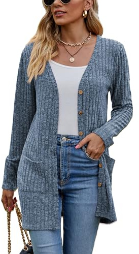Famulily Women's Long Sleeve Open Front Cardigans, Button Down V Neck Lightweight Outwear Jumpers with Pockets, Solid Rayon Polyester Spandex, S-XXL, Beige/Black/Blue/Army Green/Khaki/Red/Wine