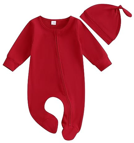 Carolilly 2Pz Completo Neonato Neonato Body Elegante Bimbo in Cotone Unisex Pagliaccetto Neonato Bodysuit Neonato Manica Lunga Tinta Unita Jumpsuit con Zip +Cappello per Neonato (Rosso, 0-3 Months)