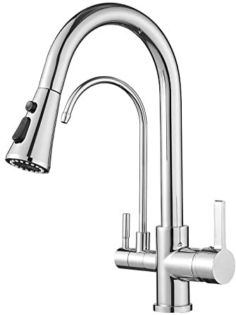 Rubinetto a 3 vie con doccetta estraibile per lavello da cucina Miscelatore da cucina con doccetta estraibile Doppi manici Rubinetto con filtro dell'acqua 3 in 1 Rubinetto con filtro dell'acqua potab