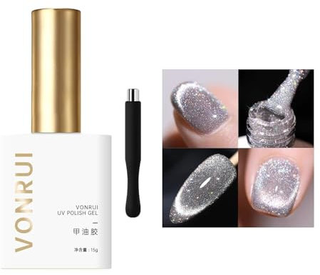 Vonrui Silver Holographic Cat Eye Gel Nail Polish - Laser Glitter, Sparkling Magnetic, Soak Off LED Reflective (Silver, M)