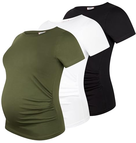 M.M.C. Umstandsshirt Kurzarm Damen 3er Pack – Umstandsmode Basic, unifarben, mitwachsende Raffung, 95% Baumwolle