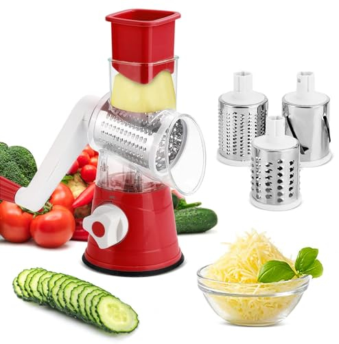 Rotary Vegetable Shredder 3 in 1 Rotary Cheese Grater Rotary Vegetable Fruit Slicer Nuts Grinder Kitchenware Cooking (red)