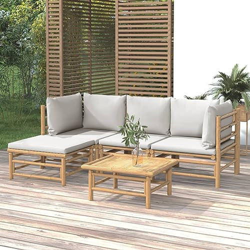 Blukee 5-TLG. Garten-Lounge-Set mit Hellgrauen Kissen Bambus Garden Furniture Sets Balkonsofa Gartensofa Loungemöbel Balkon Outdoor Sofa Gartenlounge Outdoor Balkonlounge