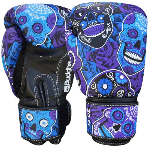 BUDDHA FIGHT WEAR - Guantes de Boxeo Fantasy Mexican Púrpura - Muay Thai - Kick Boxing - Piel Sintética Tejido Interior Resistente A Olores - Costura Reforzada (Púrpura, 12 Onz)