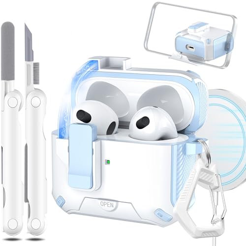 MHYALUDO Custodia per AirPods 3 generazione, Compatibile con Magsafe, Chiusura Magnetica Automatica, Porta di Ricarica Antipolvere e Design Supporto con Kit di Pulizia, Blu Cielo/Bianco Neve