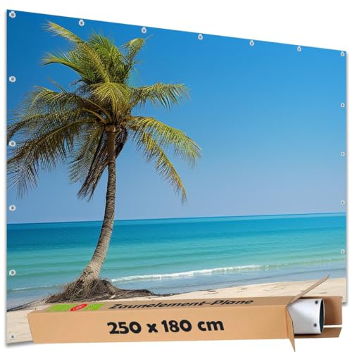 TRIOSK Sichtschutz Garten Deko Zaun Plane Blickdicht groß mit Zaunblende Motiv Karibikpalme Meer Strand für Zaunelement Doppelstabmatten Stabmattenzaun Gartenzaun PVC 250x180 cm