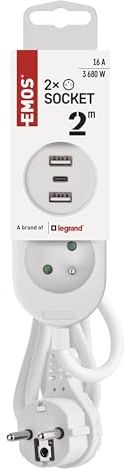 EMOS Multiprise avec USB, rallonge 2 Prises et 3 Ports USB, câble d'extension de 2 m, 2 Ports USB-A + 1 Port USB-C, Courant de Charge Max. 3,4 A, Protection de Contact Accrue, IP20 pour l'intérieur