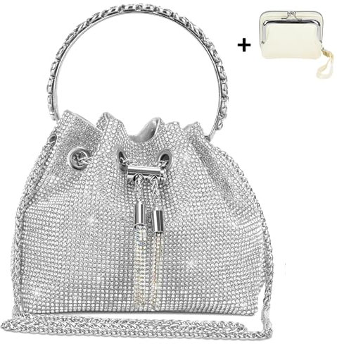 CRITIVE-S Women Rhinestone Evening Handbags, Tassel Shoulder Bags with Card Holder Wallet, Fashion Women's Clutches Silver Bucket Bag, Clutch Bag Shiny Crystal Purse with Detachable Chain