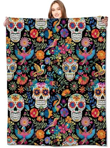 VODRM Sugar Skull Decke, bunt, Tag der Toten, Blumen- und Vogel-Überwurfdecken, Geburtstagsgeschenke für Damen und Herren, leicht, weiches Fleece, gemütlich für Sofa, Couch, Schlafzimmer, Reisen,