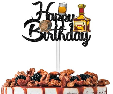 Black Glitter Whisky Glass Happy Birthday Cake Topper Cheer to Drink Whiskey Theme Party Decoration Supplies Men Women Happy Birthday Anniversary Wedding Party Decor Supplies