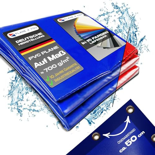 Abdeckplane nach Maß I Breite bis 2,40 m x Länge bis 17m I mit Ösen Ø 10mm und Abstand je 50cm I PVC LKW Plane in 15 Farben auf Wunschmaß I Gewebeplane I Sonnensegel I Tarp I mit Randverstärkung