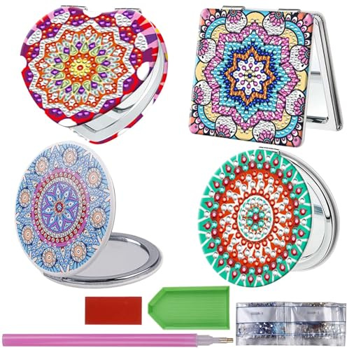 GBKDQQ DIY Diamant Gemälde Kompakte Spiegel, 4Pcs DIY Tasche Makeup, Faltbarer Diamant Malerei Kompakte, Personalisiert Reisespiegel für Mädchen und Frauen Geschenke Weihnachten Geschenke