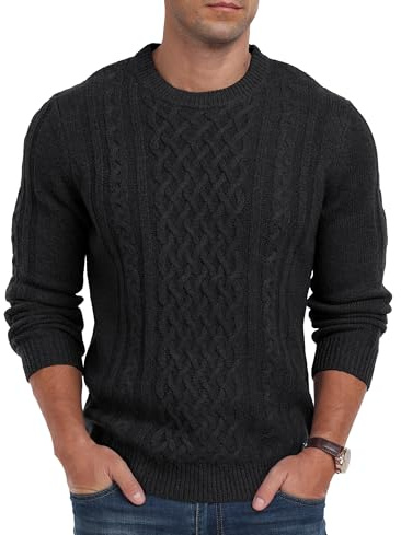 Hisir Jersey de invierno para hombre de punto grueso de punto con cable informal, cuello redondo, cálido, manga larga, cuello redondo, suéter para hombre