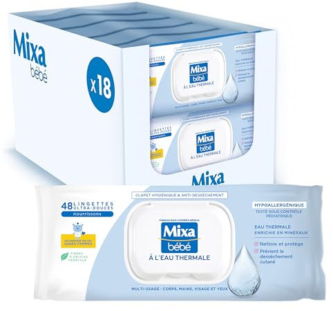 Mixa Lingettes Bébé à l’eau Thermale, Lot de 18 x 48 lingettes