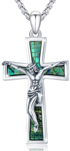 PARYFO Kreuz Halskette für Männer Frauen 925 Sterling Silber Abalone Muschel Kruzifix Jesus Kreuz Anhänger Heiliges Amulett Halskette Kreuz Religiöser Schmuck Geschenke