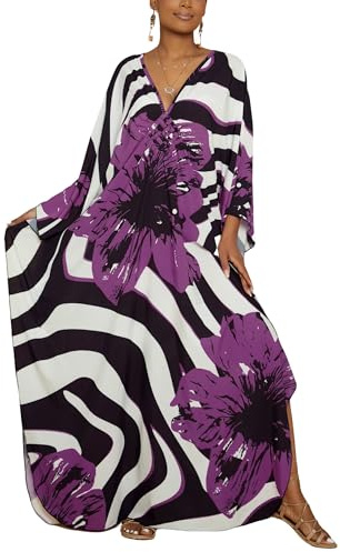 Bsubseach Kaftan Dresses for Women Plus Size Beach Swimsuit Cover Up V Neck Caftan Dress Loungewear Purple Flowers