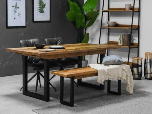 Rustikales Charm Tulsa Esstisch-Set mit ausziehbarem Tisch und Essbank, modernes Design, Paket mit authentischem Altholz, 2 Bänke im Lieferumfang enthalten
