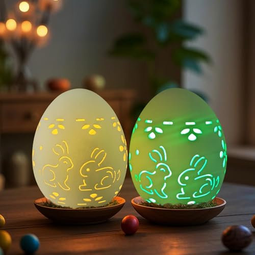 Osterdeko LED Ostereier mit LED Licht, Frühlingsdeko Eier aus Keramik, Hohl Ostern Deko Blumen Hase Eier Beleuchtung Lichter Batteriebetrieben Leuchtende Osterei für Osterdeko Innen Tischdeko (F)