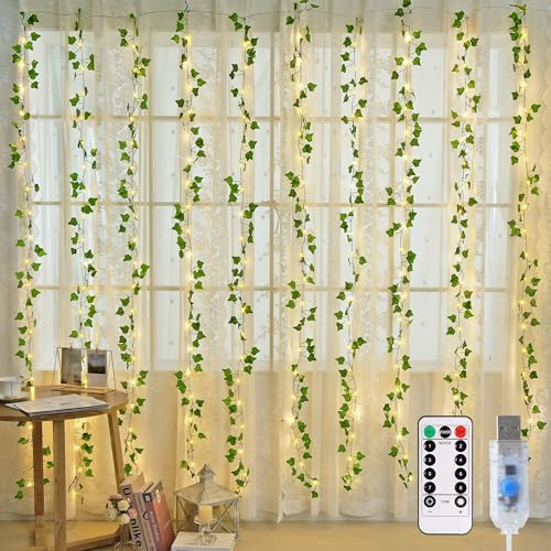 JMEXSUSS Vine Lights for Bedroom, 200 LED Vines Fairy Lights, Artificial Ivy Leaf Light for Wall Curtain Wedding Party Christmas Indoor Decor, 6.5ft x 6.5ft with Remote