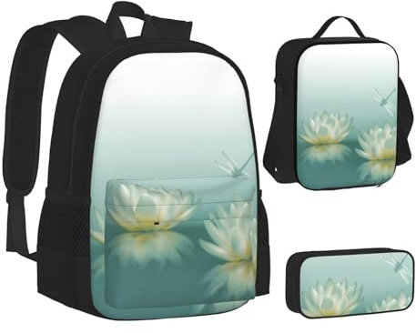 Hgbbdyyjj Dragonfly With Water Lily 3-In-1 Printed Backpack Set - Insulated Lunch Bag + Pencil Case For School & Office