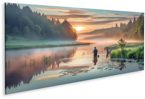islandburner Bild auf Leinwand Angler Am See Bei Sonnenaufgang Mit Nebel Und Wald Bilder Wandbilder Poster