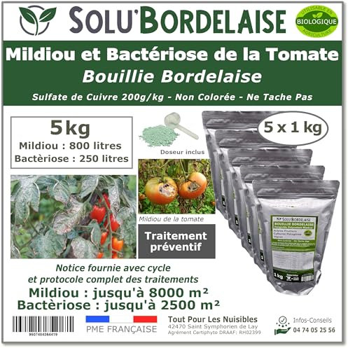 Solu'Bordelaise - 5 kg de Bouillie Bordelaise - Mildiou et bactériose de la tomate - Utilisable Agriculture Biologique - 5 Sachets Refermable de 1 kg