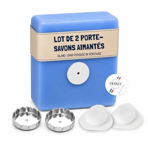 [EHOP] Pack de 2 Porte-savons aimantés Fixes avec Un adhésif | Blanc | Design & Fixation Puissante sans Perçage ni Ventouse | Savon Solide | Design Français